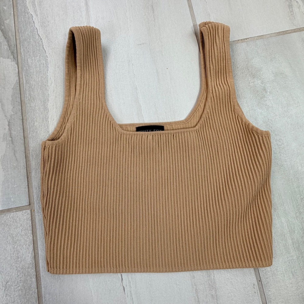 White Fox Camel Tan Ribbed Knit Square Neck Sleeveless Crop Top Medium